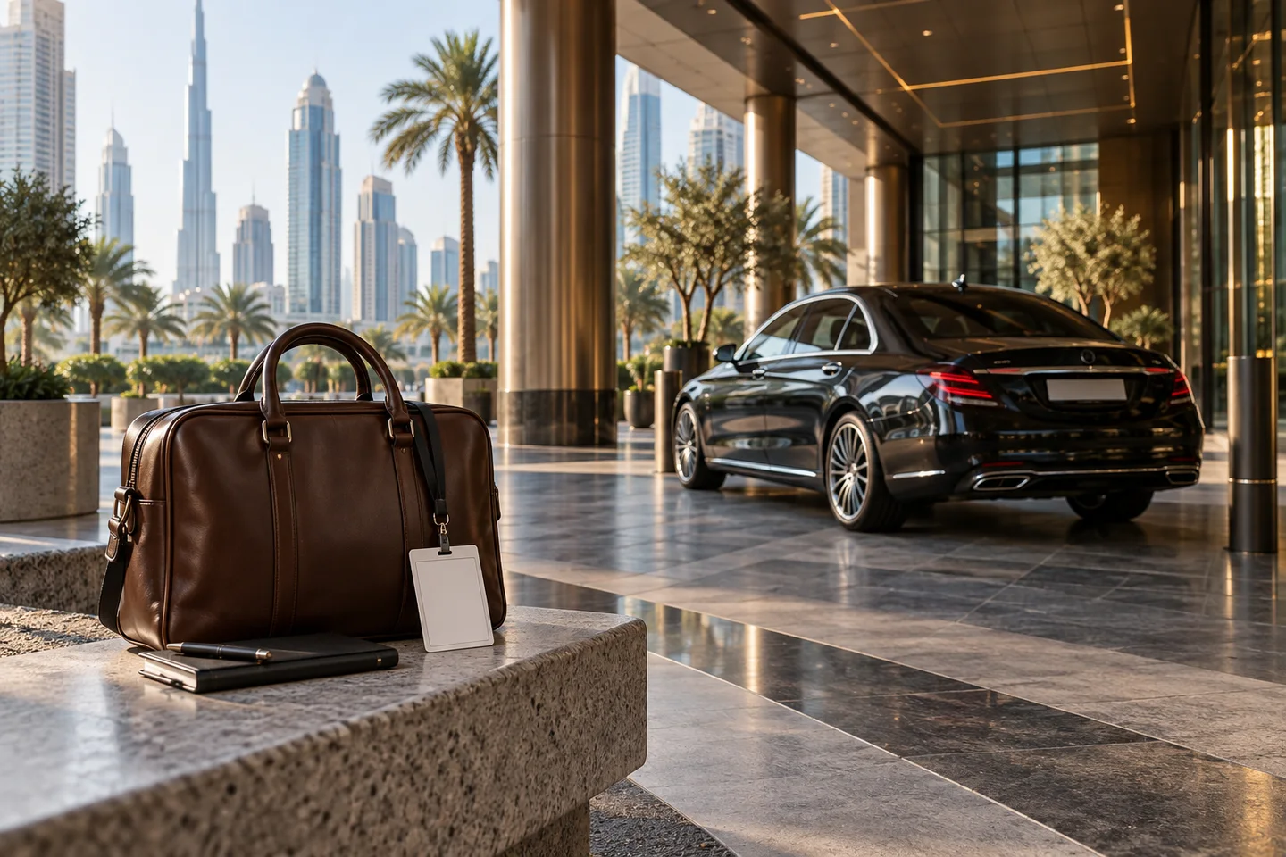 AI illustration of a business bag and a sedan outside a Dubai-inspired event venue