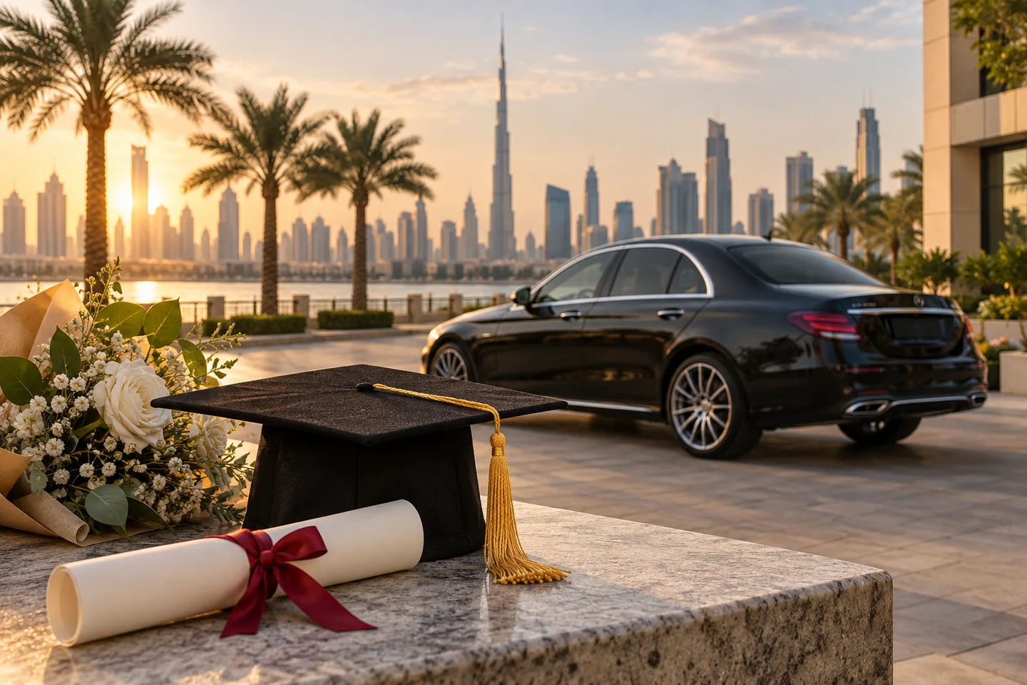 AI illustration of a graduation cap and diploma beside a car in a Dubai-inspired setting