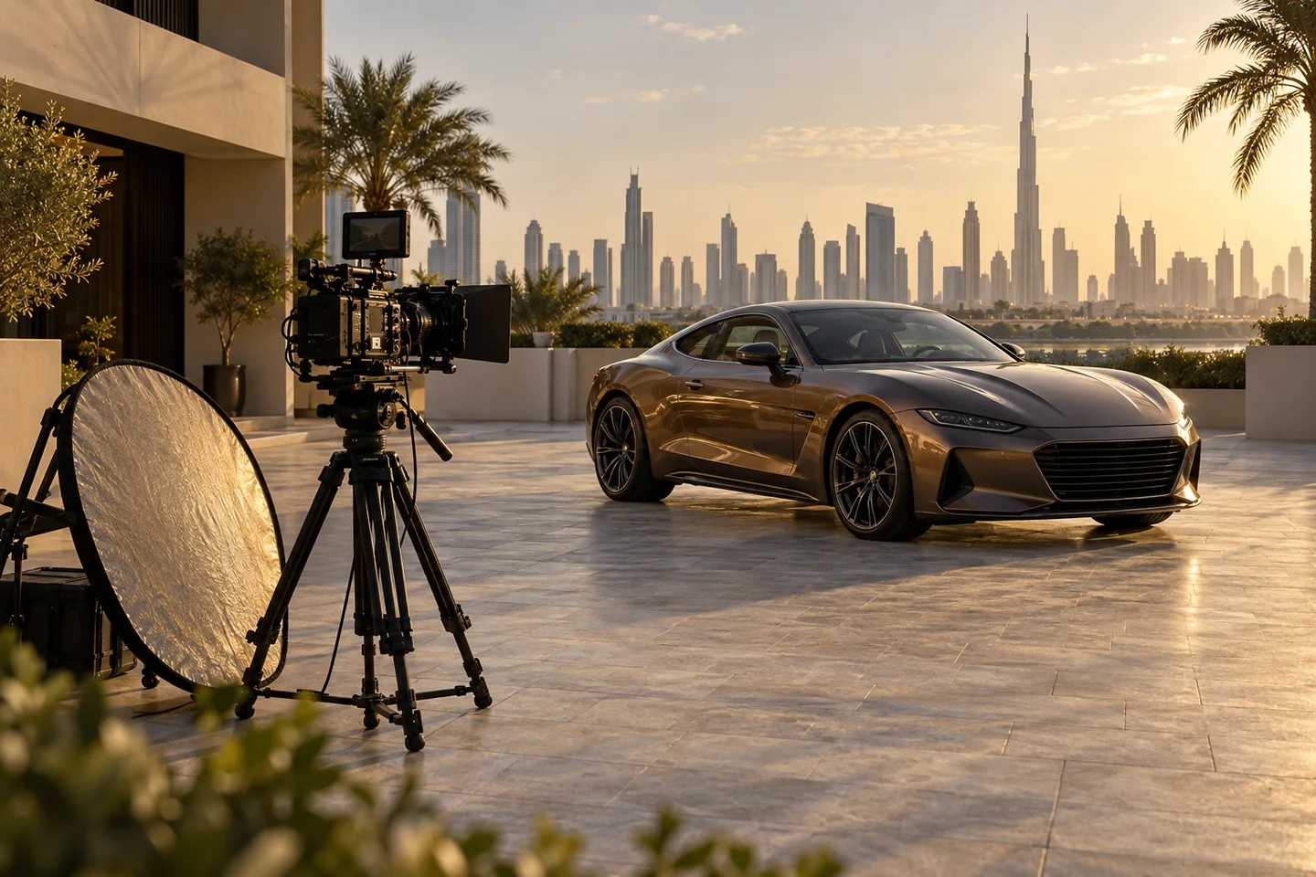 AI illustration of a camera and parked sports car against a Dubai-inspired skyline
