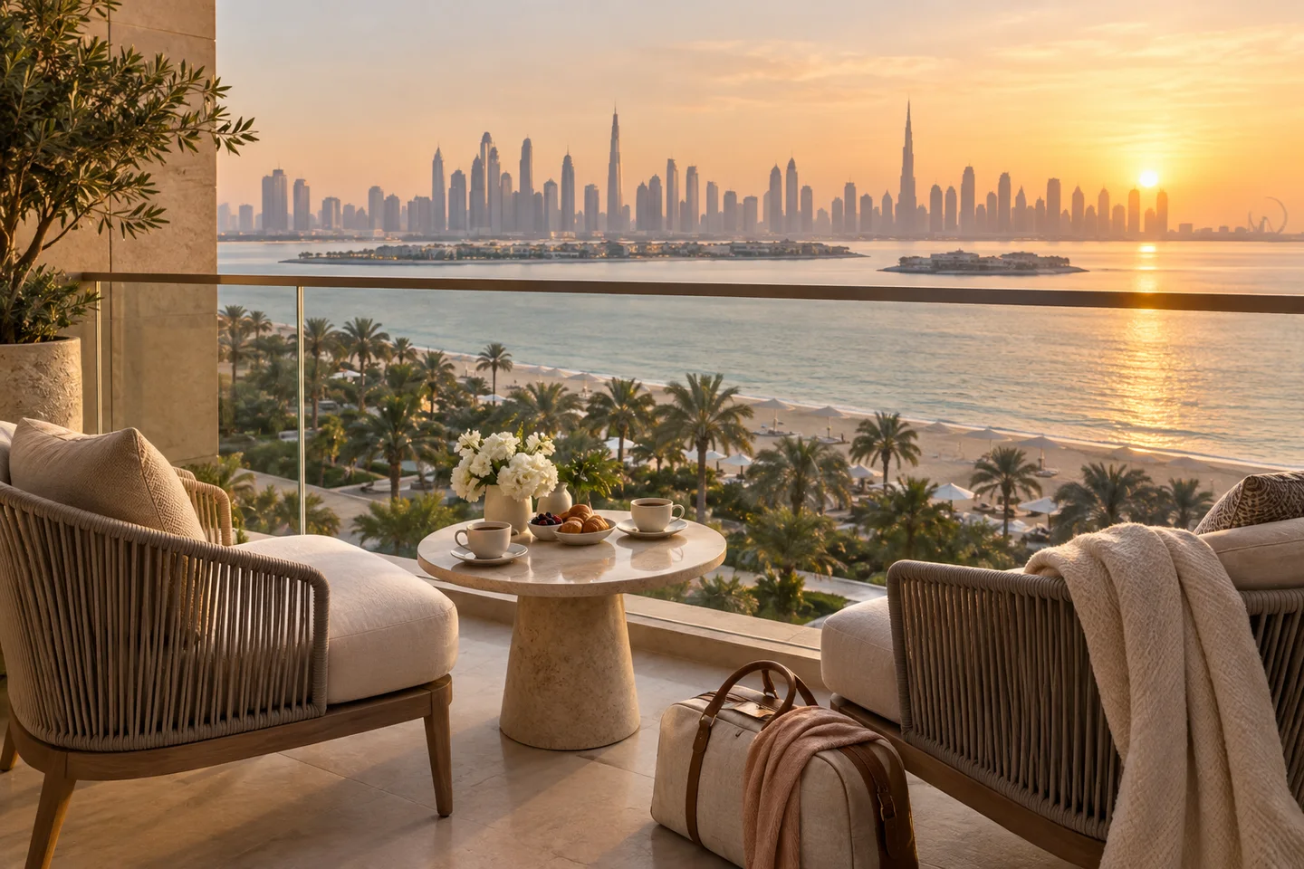 AI illustration of a breakfast terrace overlooking a Dubai-inspired coastline