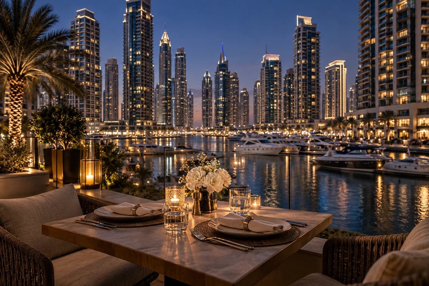 AI illustration of a candlelit table overlooking a Dubai-inspired marina at dusk