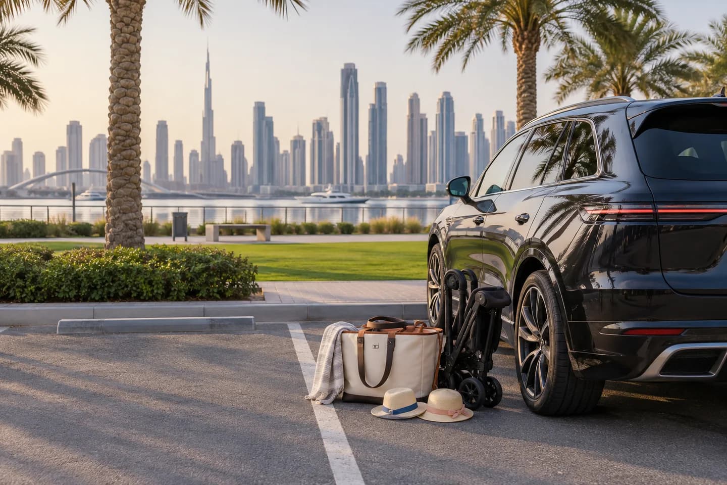 AI illustration of family outing bags and a stroller beside an SUV at a Dubai-inspired waterfront