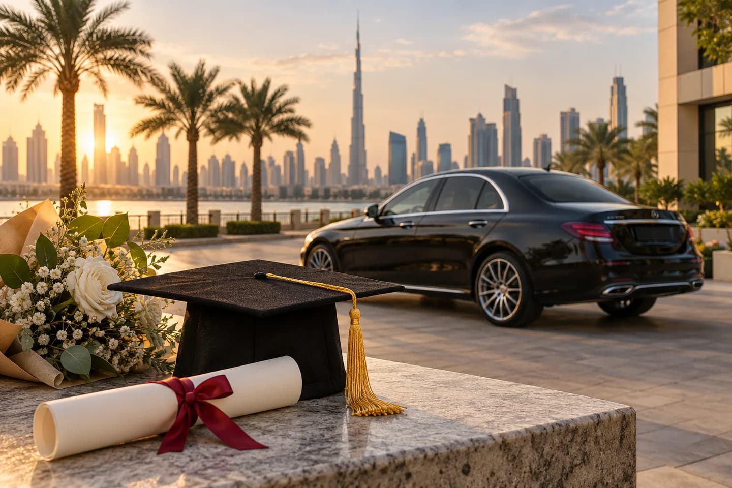 AI illustration of a graduation cap and diploma beside a car in a Dubai-inspired setting