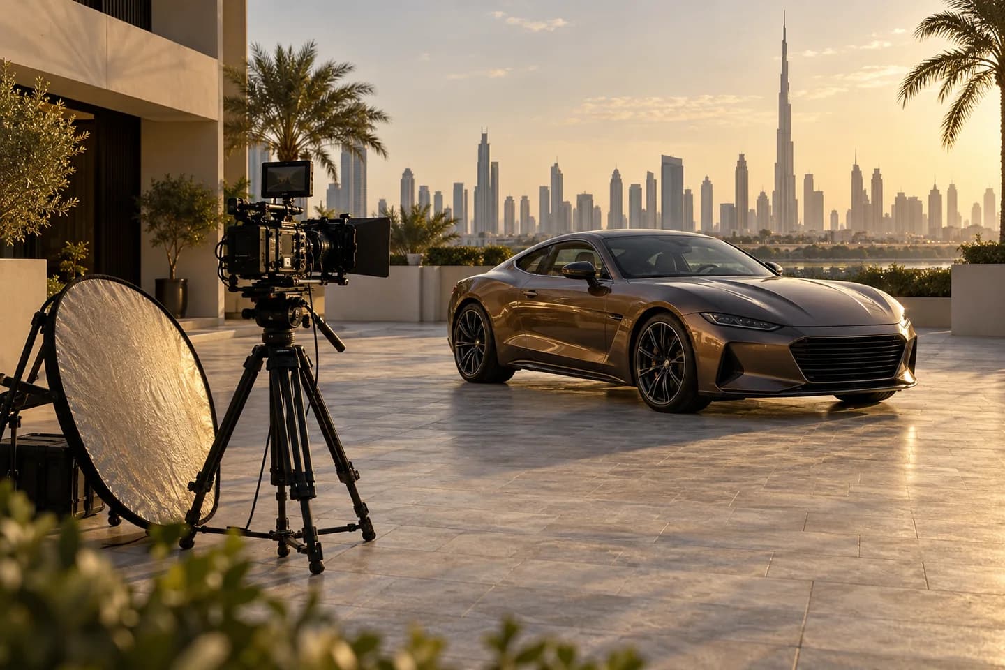 AI illustration of a camera and parked sports car against a Dubai-inspired skyline