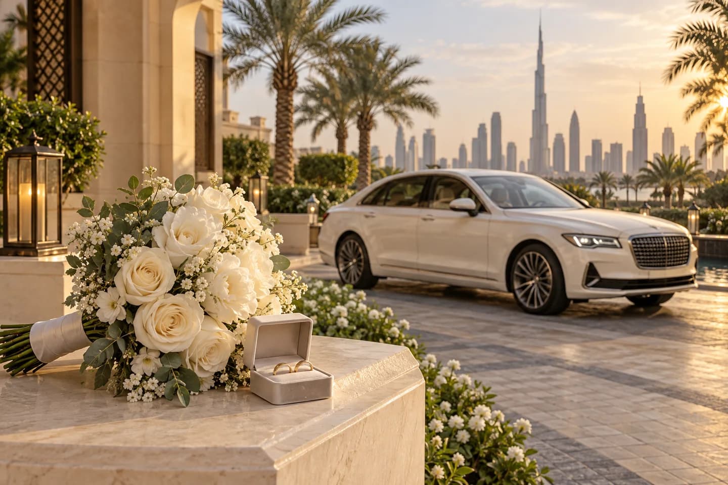 AI illustration of wedding rings and a bouquet beside a luxury car in a Dubai-inspired setting